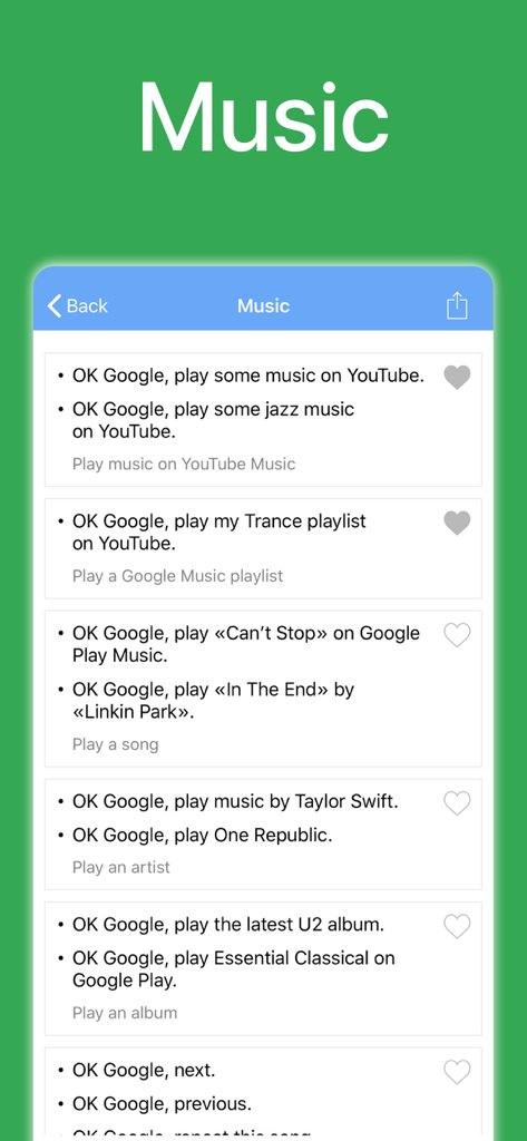 Screenshot of music voice commands for Google Assistant