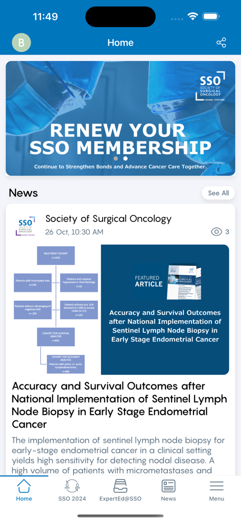SSO Mobile - Home screen of the SSO Mobile app showing a membership renewal banner and a featured clinical research article about surgical oncology.