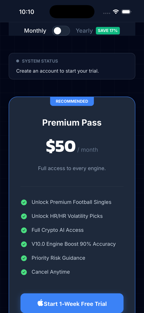 AiPredict - Football & Crypto - Pantalla de suscripción al pase premium de AiPredict que enumera las funciones de IA de fútbol y criptomonedas.