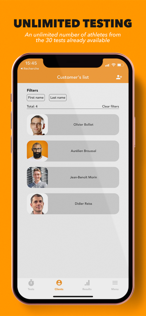 Pantalla de gestión de atletas en la aplicación Sport Science Test que muestra una lista de clientes y opciones de pruebas de rendimiento
