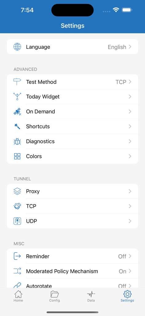 Shadowrocket - Shadowrocket app settings screen showing advanced network and tunnel configuration options