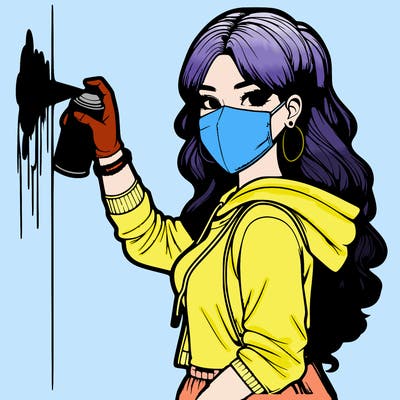 realistic girl with mask spray painting a wall