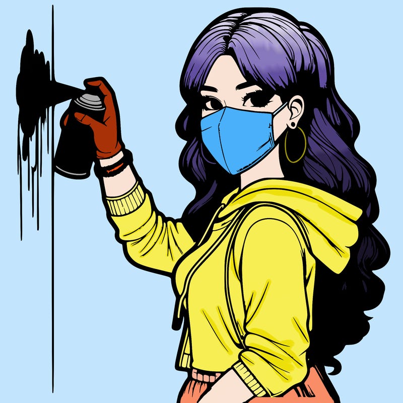 realistic girl with mask spray painting a wall