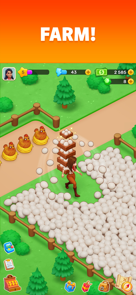 Personagem carregando uma pilha alta de ovos no jogo de fazenda Klondike Adventures