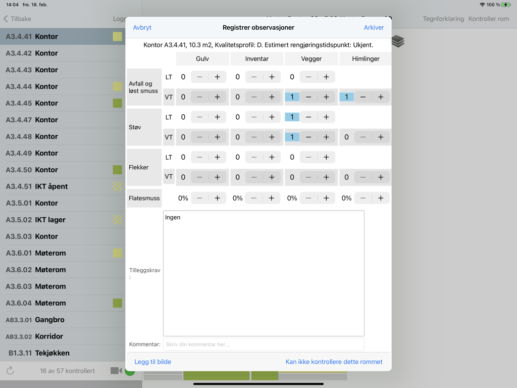 CleanPilot Go - CleanPilot Go iPad app interface for registering cleaning observations and quality audits