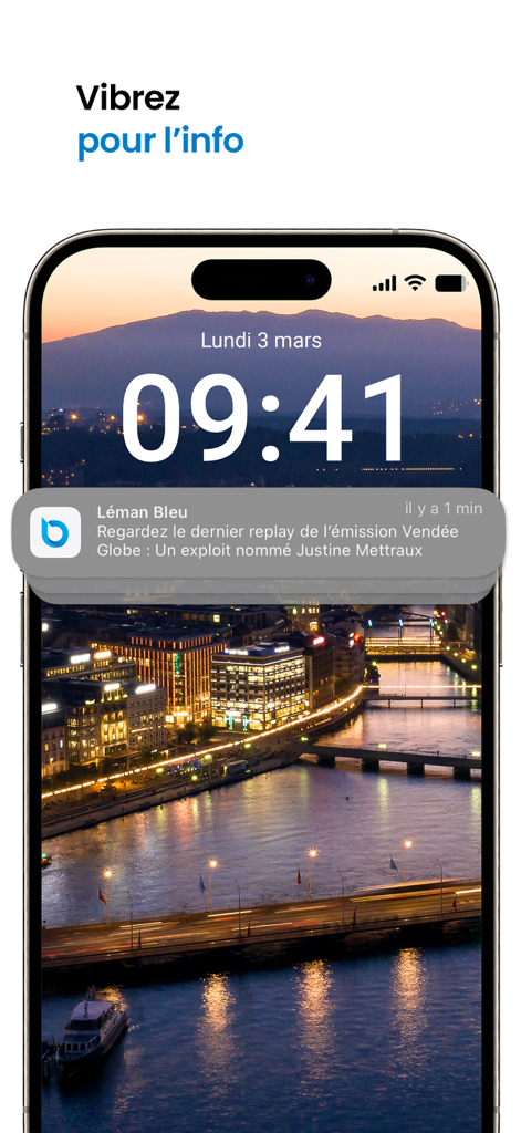 Léman Bleu - Pantalla de bloqueo del iPhone que muestra una notificación de noticias de Leman Bleu sobre una vista panorámica de Ginebra por la noche