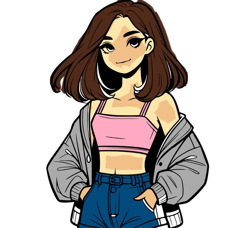 a realistic girl with a crop top and short shorts in an open jacket