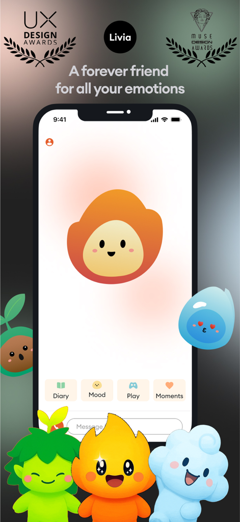 Livia: Emotional Best Friends - Interface of Livia app showing a cute orange AI companion and award badges for UX and design