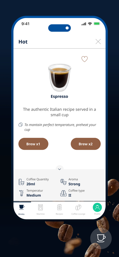 De'Longhi COFFEE LINK - Benutzeroberfläche der DeLonghi Coffee Link App zum Brühen und Anpassen eines Espressos