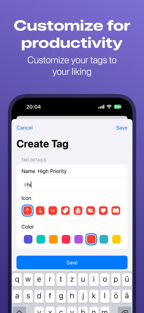 異なるアイコンと色でカスタムプロジェクトタグを作成するためのインターフェース