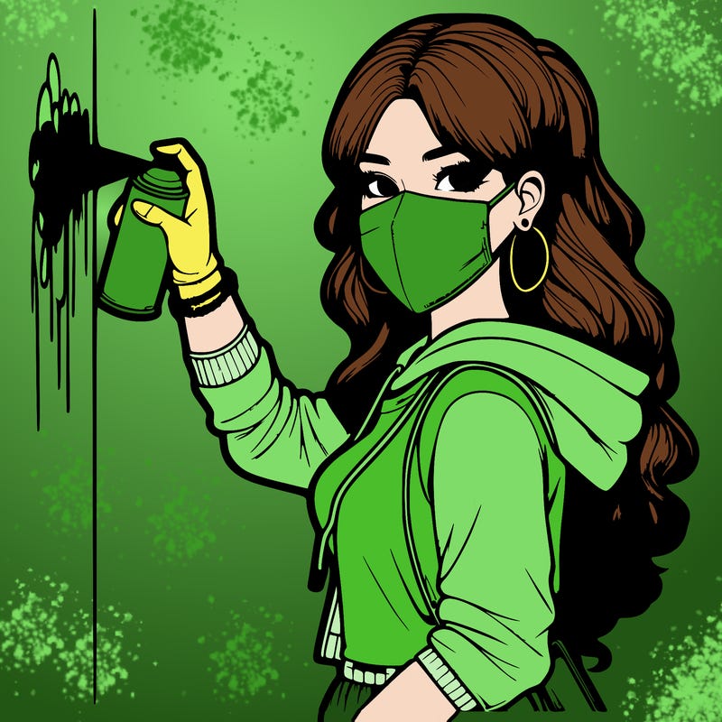 realistic girl with mask spray painting a wall