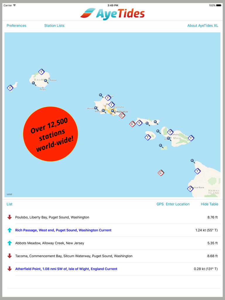 AyeTides XL - AyeTides XL map showing tide and current station locations across Hawaii