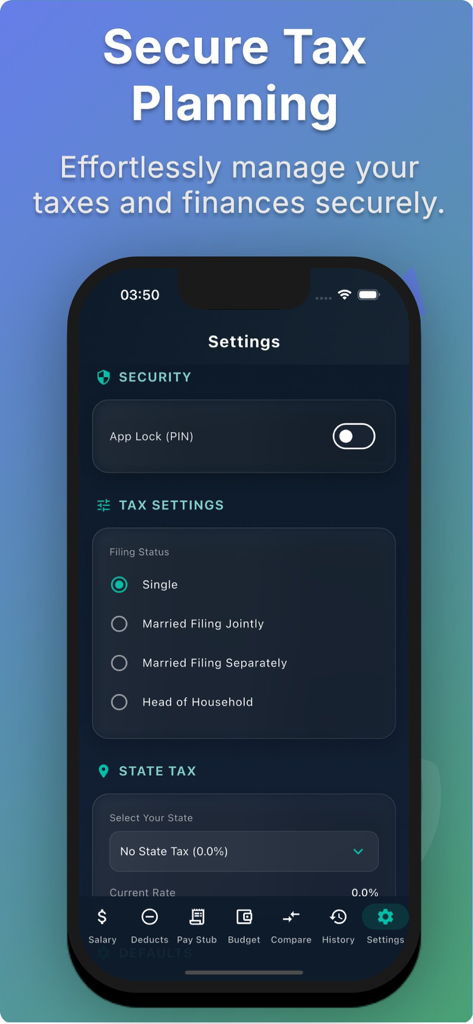 申告ステータスや州税の選択肢を含む税金計画設定を表示する、Payment Estimator アプリのモバイルインターフェース。