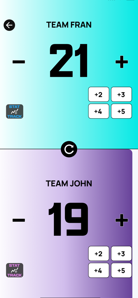 Popdarts Score Keeper - A split screen scoreboard in the Popdarts app showing points for Team Fran and Team John with quick add buttons.