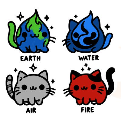 4 cats that represent the different elements, earth, water, air, and fire