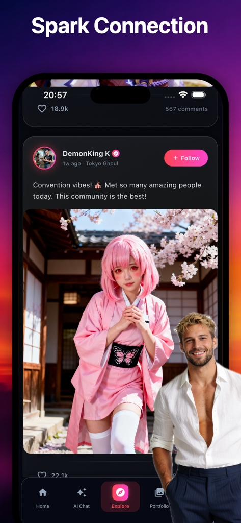 Nexus - Connect Together - Nexus app social feed showing a pink haired cosplayer and Spark Connection headline
