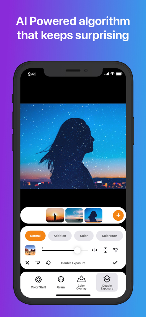 Giftr - GIF Maker - Screenshot of Giftr app interface showing the double exposure editing feature and AI powered algorithms on an iPhone.