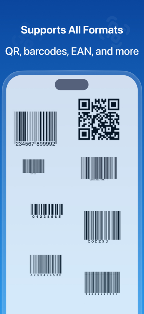 QR 바코드 및 EAN과 같은 다양한 코드 형식을 지원하는 QR 및 바코드 AI 리더 앱을 보여주는 모바일 화면
