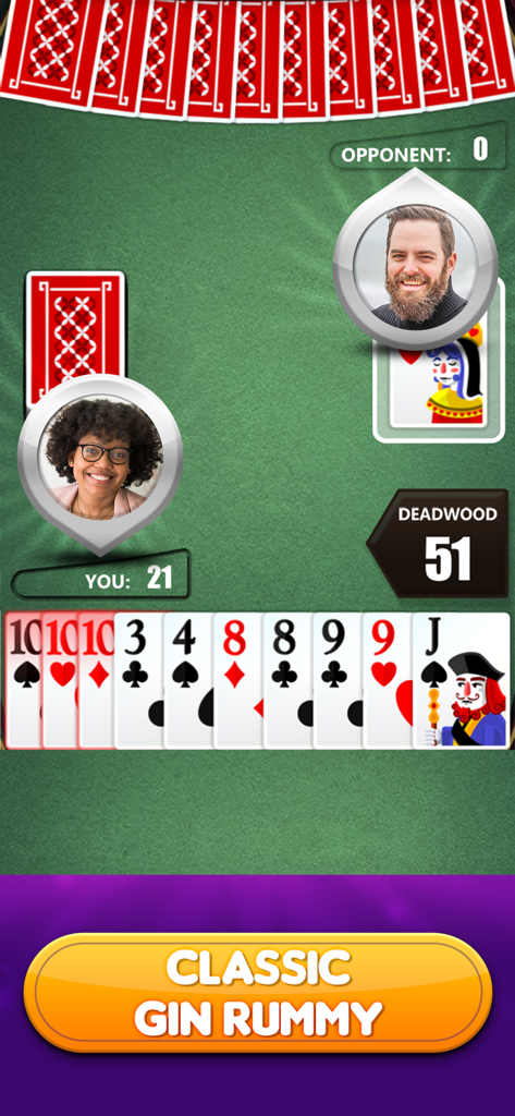 Una pantalla móvil mostrando un juego de cartas clásico de Gin Rummy con cartas claras e iconos de perfil de jugador.