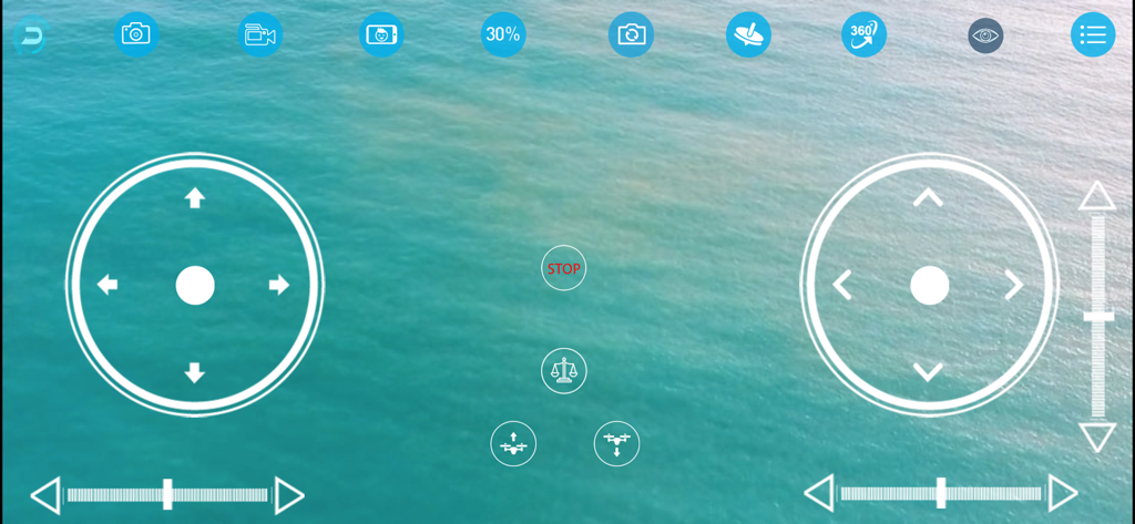 HD X Drone - Interface do aplicativo HD X Drone mostrando joysticks de voo virtuais e ícones de controle sobre um feed de vídeo aéreo ao vivo do oceano