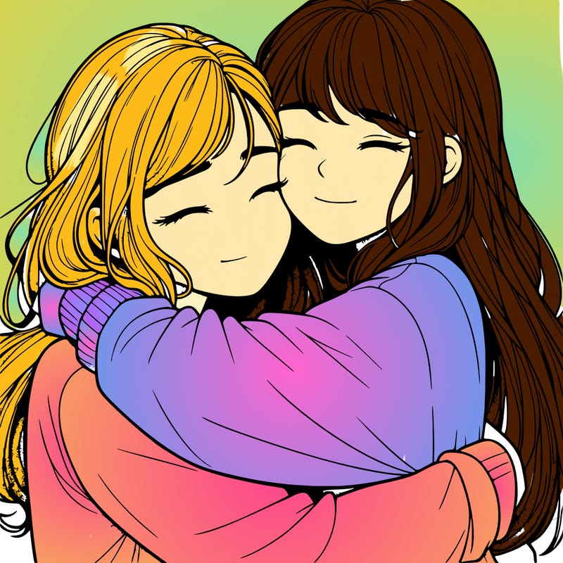 realistic two girls hugging