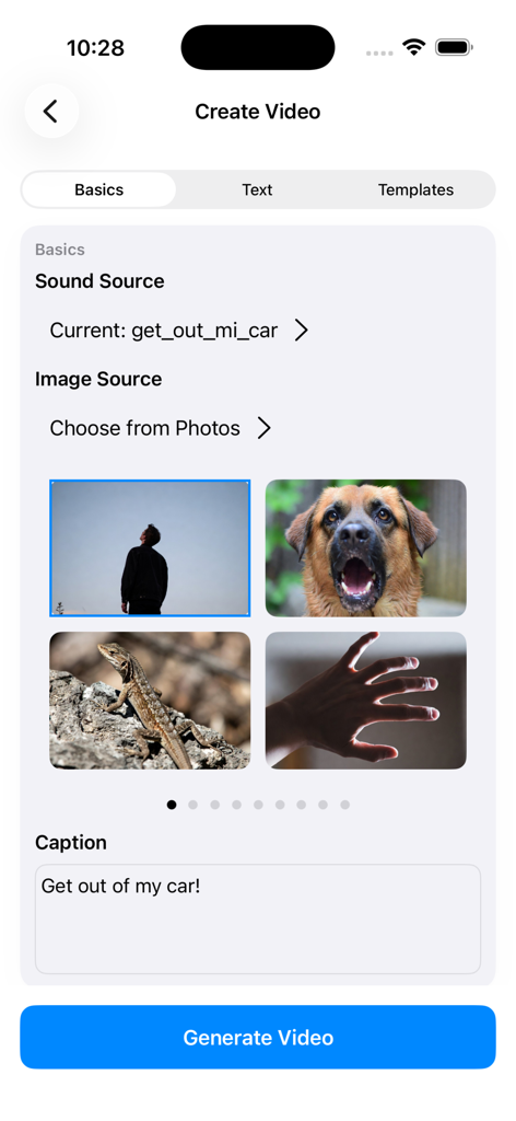 MyInstants Meme Maker Lite - Interfaz para seleccionar sonidos, imágenes y subtítulos para crear un video de meme viral