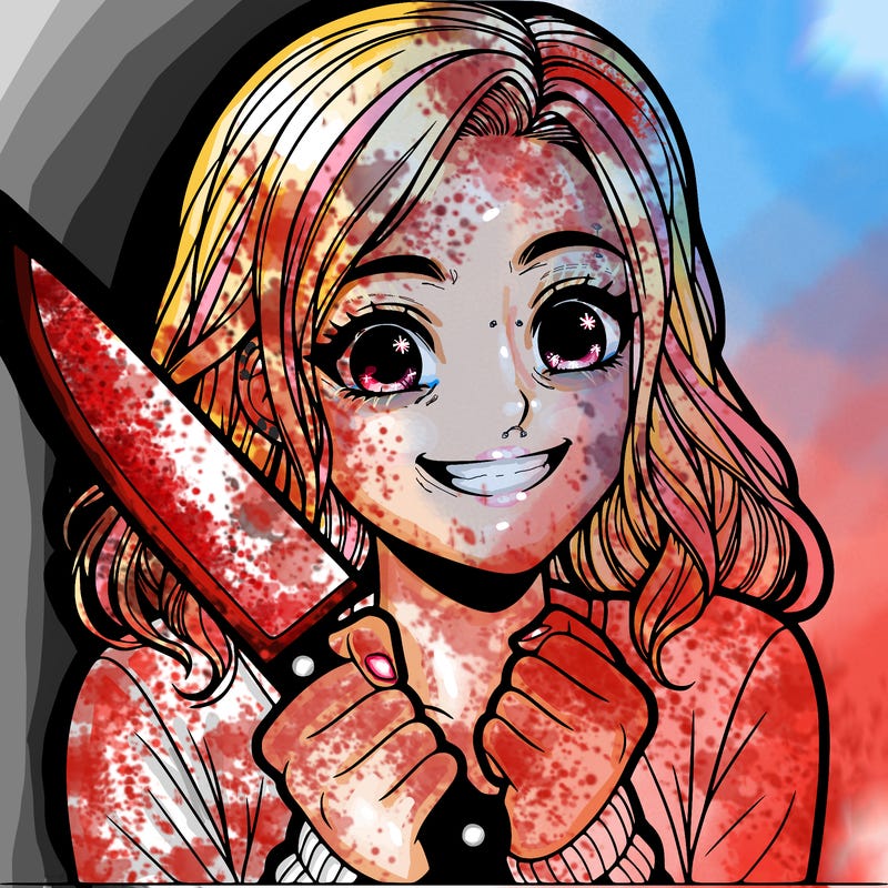 a realistic girl holding a knife and grinning