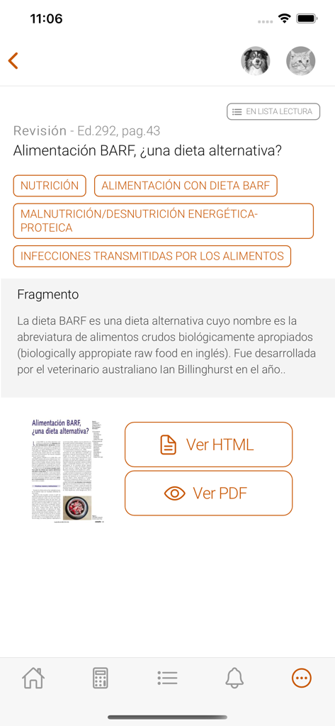 Artículo veterinario sobre la dieta BARF en español en la aplicación ConsultaVet con botones de vista HTML y PDF.