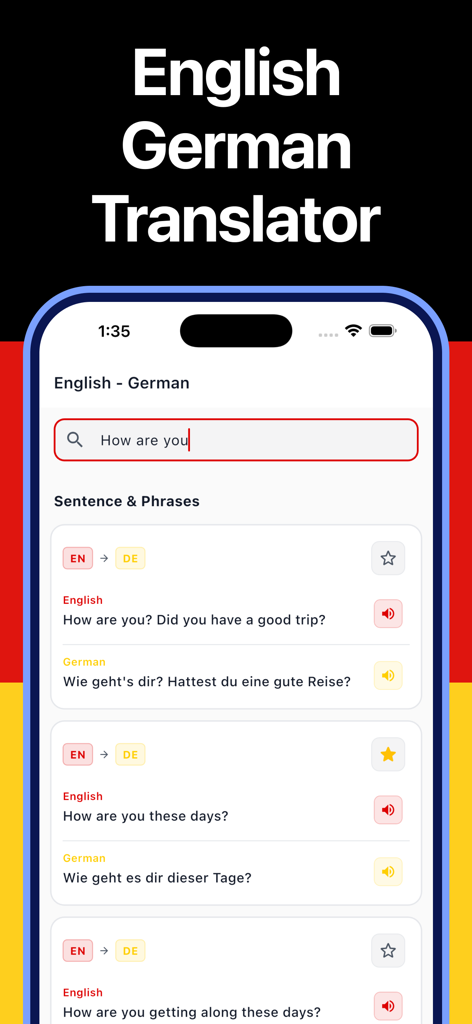 Captura de tela do aplicativo Tradutor de Frases Inglês Alemão mostrando traduções de frases para como você está com áudio e opções de favoritos