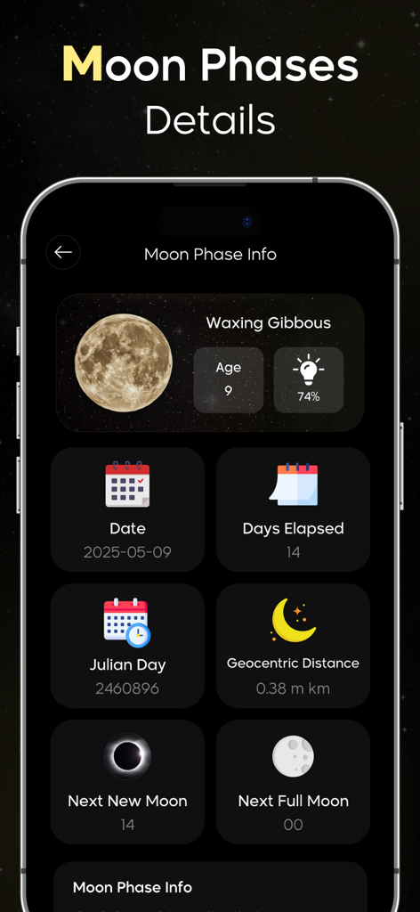 Interfaccia di un'app mobile che mostra informazioni dettagliate sulla fase lunare, inclusa l'illuminazione e le date lunari successive