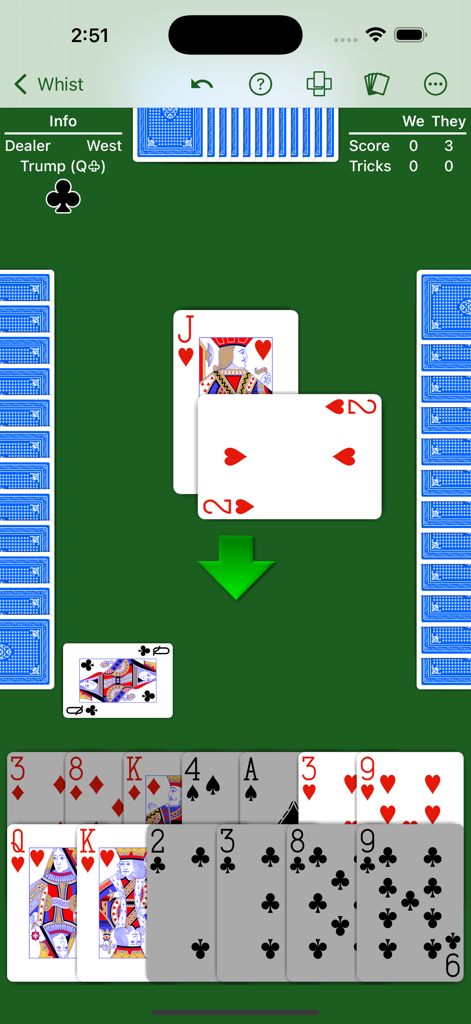 Whist - Expert AI - Gameplay screen of the Whist card game showing cards on a green felt table with strategic AI tips