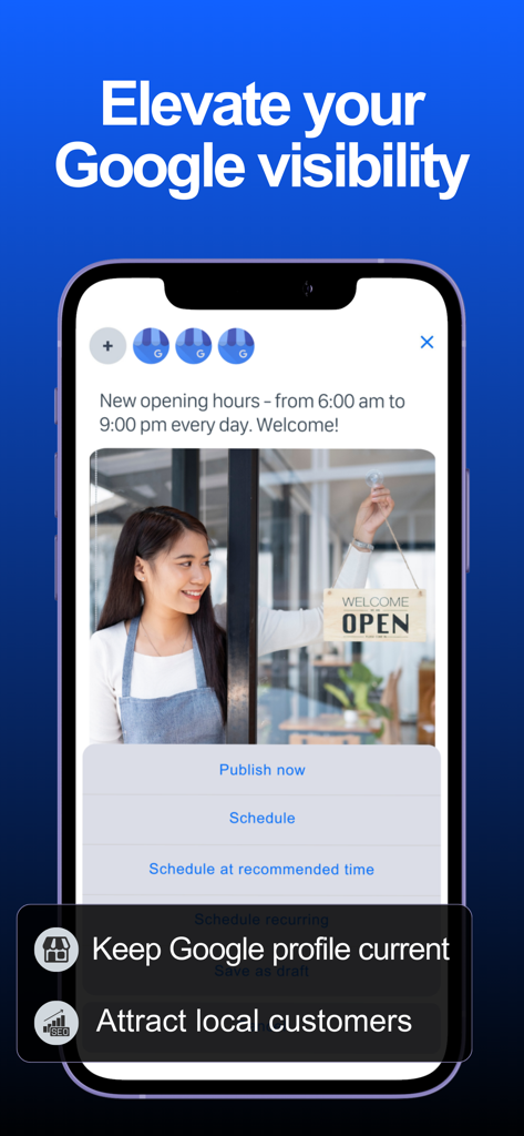Hookle: Social Media Manager - Hookle app interface showing how to schedule and publish posts to a Google Business Profile to improve local visibility