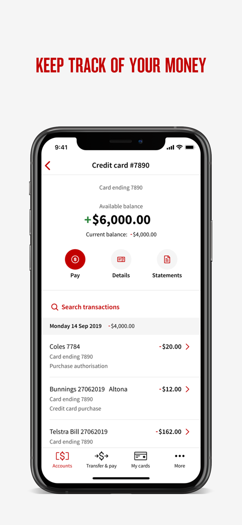 NAB Mobile Banking app interface displaying credit card balance and recent transaction history on an iPhone.