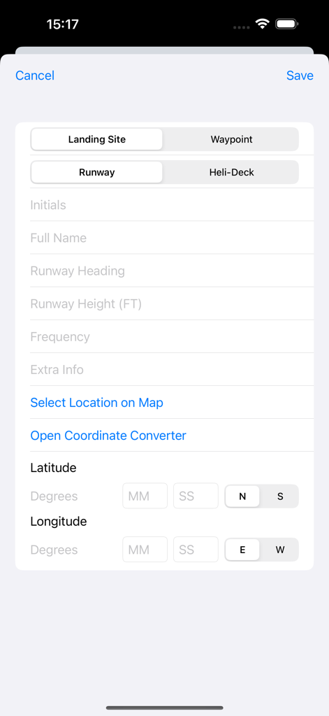 Waypoint Creator - Waypoint Creator에서 좌표 및 활주로 세부 정보가 포함된 사용자 지정 착륙 지점 생성 양식