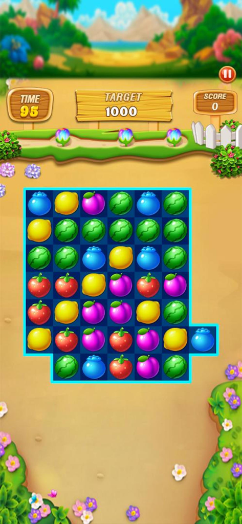 Fruit Frenzy Link Match Puzzle - Colorful fruit puzzle board in Fruit Frenzy Link Match Puzzle showing watermelons, strawberries, and blueberries on a tropical background