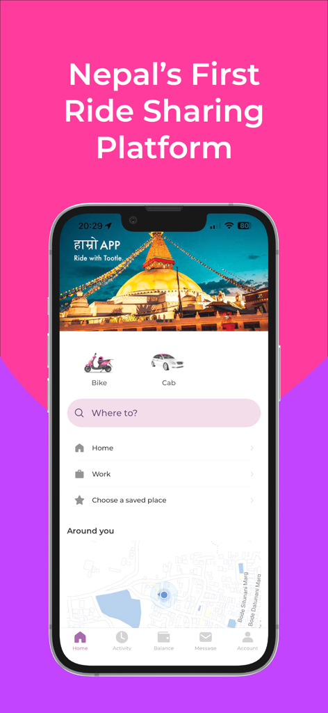 Tootle ride sharing app interface for booking bikes and cabs in Nepal
