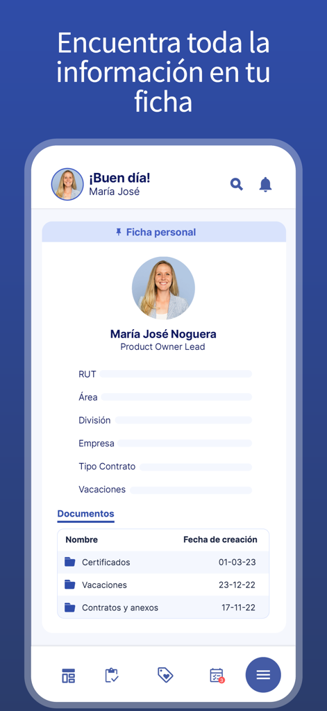 Buk - Buk app personal profile screen showing employee details and professional documents