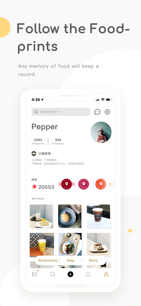 MENU - Eat Like Local Foodies - Pantalla de perfil de usuario de la aplicación MENÚ que muestra fotos de comida y estadísticas sociales.