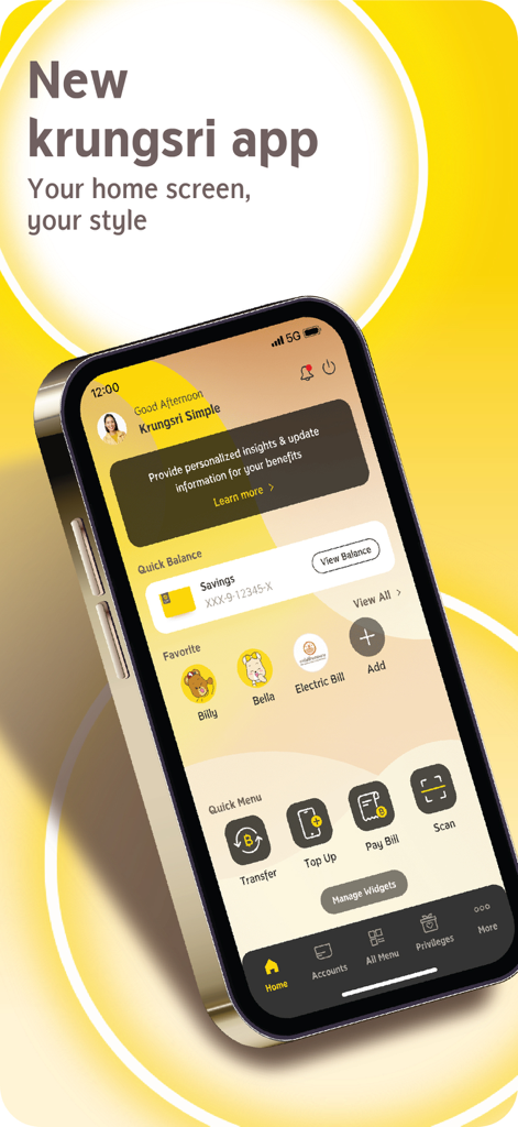 krungsri - Interface of the new Krungsri KMA app home screen showing customizable widgets and quick menu shortcuts