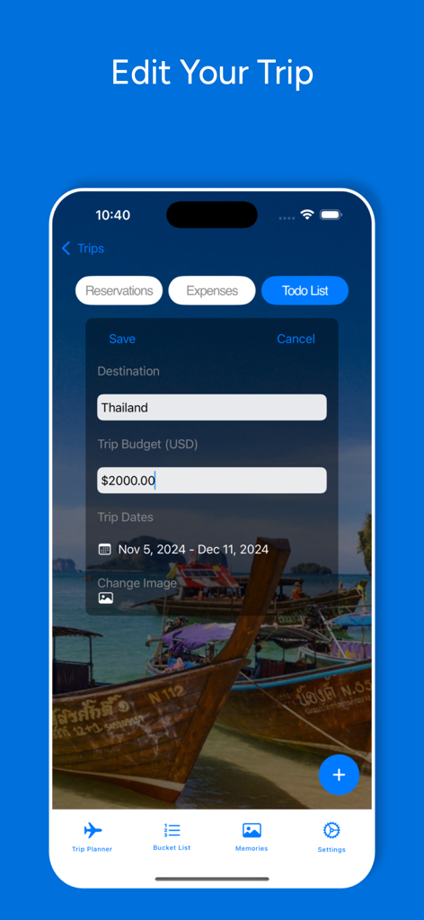 Interface of Easy Trip Planner app for editing trip details like destination and budget.