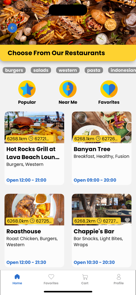 Palmz - Mobile screen showing restaurant choices on Gili Trawangan with categories for burgers and western food