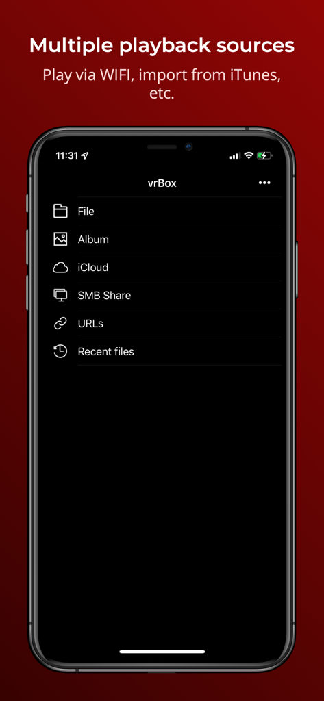 Pantalla de iPhone mostrando múltiples fuentes de reproducción para la app vrBox VR Player, incluyendo archivos locales y compartición SMB