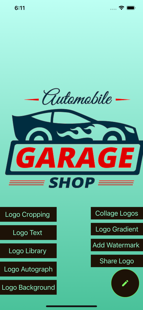 Interface de aplicativo móvel exibindo o design de logo de uma oficina de garagem de automóveis com várias ferramentas de edição