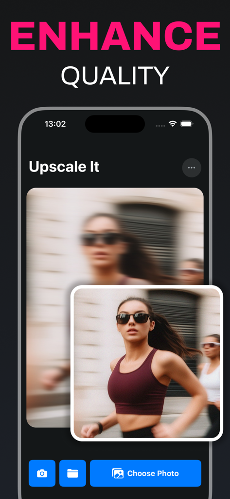 Upscale ++ - Una comparación que muestra una foto borrosa de una mujer siendo enfocada y mejorada usando la herramienta de IA Upscale ++