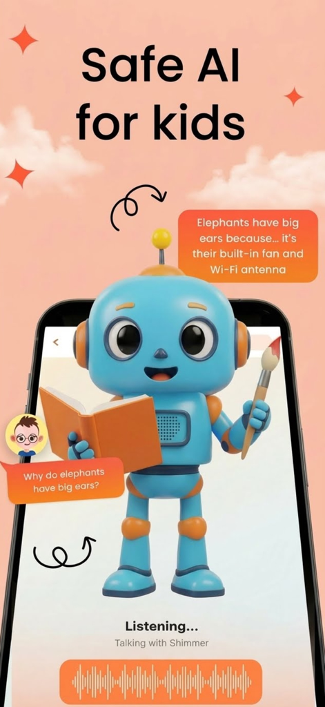 A friendly blue robot character named Shimmer in the Askie app answering a child question about why elephants have big ears via voice interface.