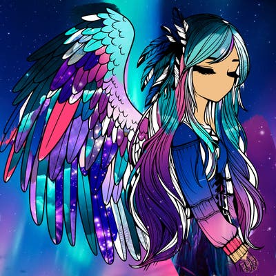 realistic girl with bird wings and some feathers in her hair