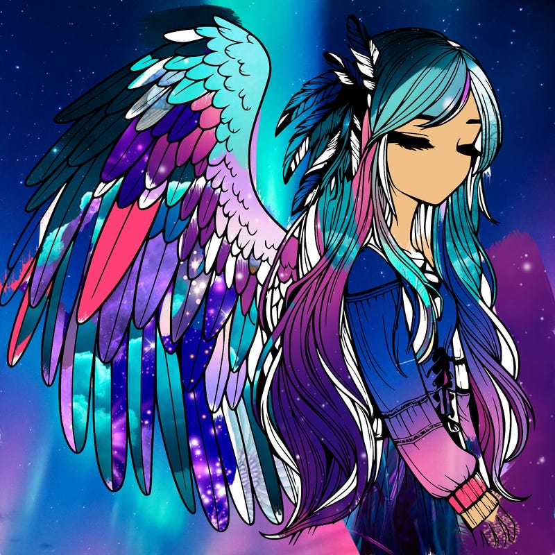 realistic girl with bird wings and some feathers in her hair