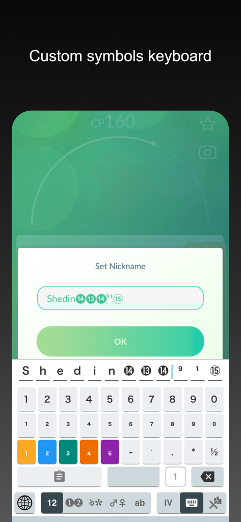 Teclado personalizado do Poke Genie para renomear Pokémon com símbolos de IV