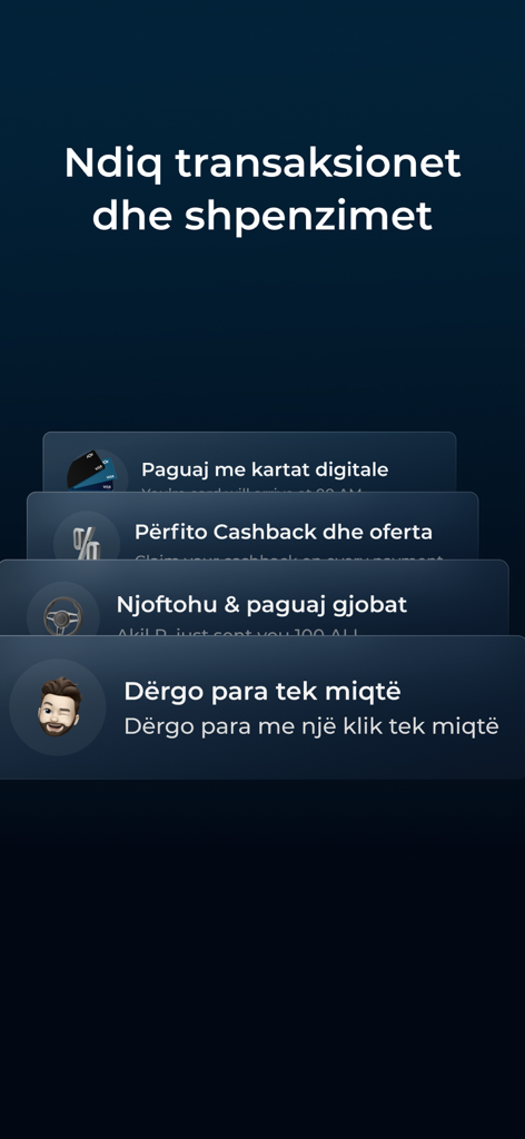 POK - POK mobile app interface showing transaction tracking and various financial services like digital cards and transfers.