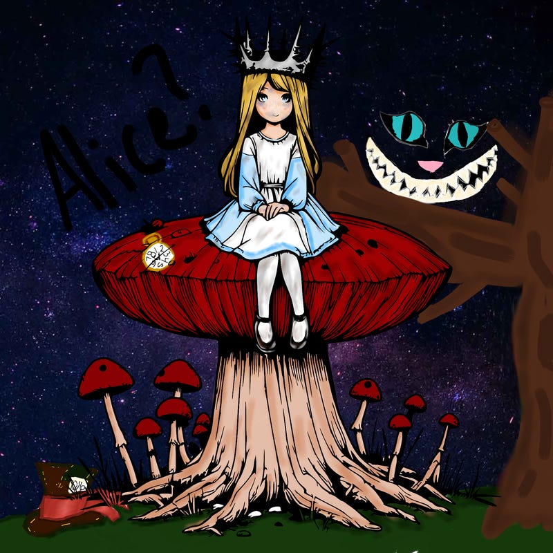 realistic girl sitting on a huge tree stump size toadstool with thorn crown